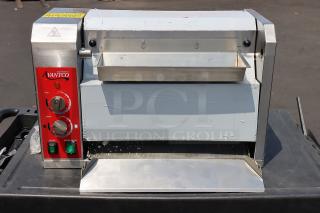 BRAND NEW Avantco BT18A Vertical Conveyor Bun Toaster, 120V, 1600W. Red control panel with heat and speed dials. Serial: 2302124184BT18A.