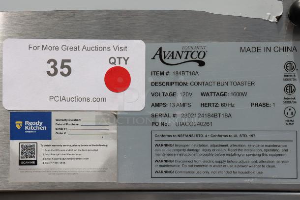 BRAND NEW Avantco BT18A Vertical Conveyor Bun Toaster, 120V, 1600W, serial number 2302124184BT18A, with caution labels visible.