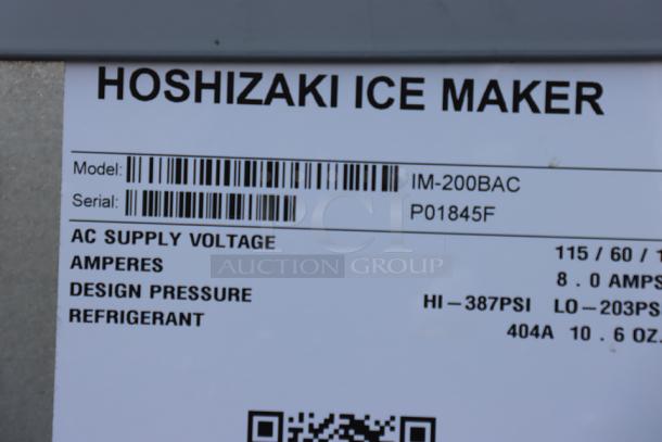 Hoshizaki IM-200BAC ice machine label, model "IM-200BAC," serial "P01845F," 115V, 7.5A, 1 Phase, 188 lb/day capacity.