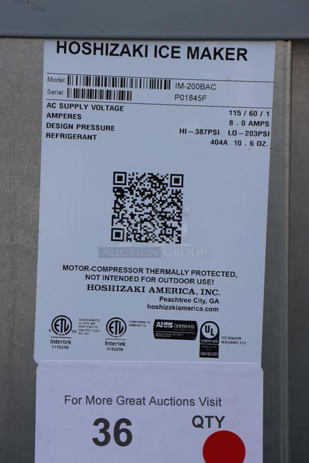 Hoshizaki IM-200BAC ice machine label, showing model, serial number P01845F, voltage, and refrigerant specs.