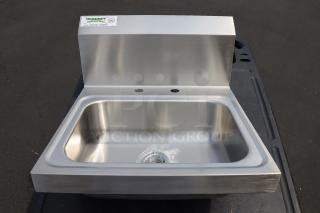 BRAND NEW Regency 600HS172HDM 17" x 17" stainless steel hand sink. Includes 1 1/2" IPS drain basket, minor scuffing.