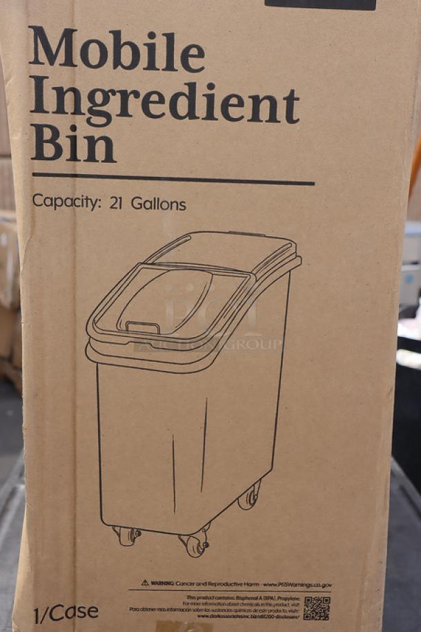 Baker's Lane 21 Gallon Mobile Ingredient Bin, white, slant top, sliding lid, scoop included, model 176BIN21GL, undamaged.