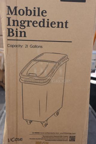 Baker's Lane 21 Gallon Mobile Ingredient Bin, white, slant top, sliding lid, scoop included, model 176BIN21GL, undamaged.