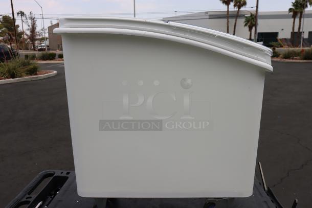 Brand new Baker's Lane 21-gallon white slant top mobile ingredient bin, model 176BIN21GL, with sliding lid and scoop.