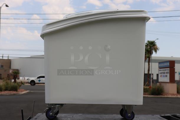 Brand new Baker's Lane 21-gallon white slant top mobile ingredient bin, model 176BIN21GL, with sliding lid and scoop.