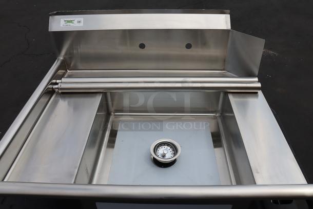 Regency 600DDT36L dish table, stainless steel, left drainboard, adjustable feet, bent backsplash corner, brand new condition.