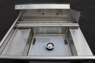 Regency 600DDT36L dish table, stainless steel, left drainboard, adjustable feet, bent backsplash corner, brand new condition.