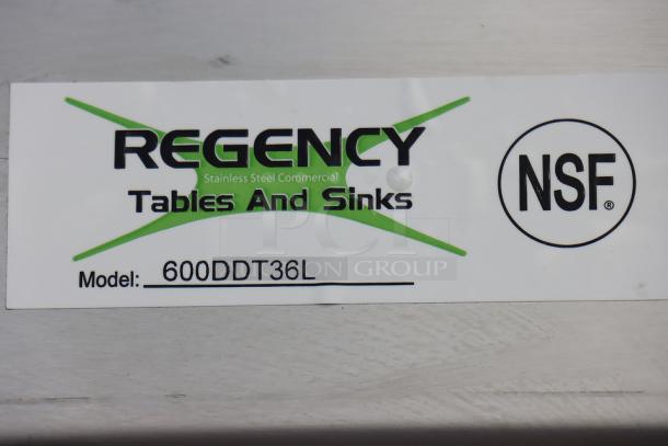 Regency 600DDT36L label with NSF certification, stainless steel 3' dish table model details visible.