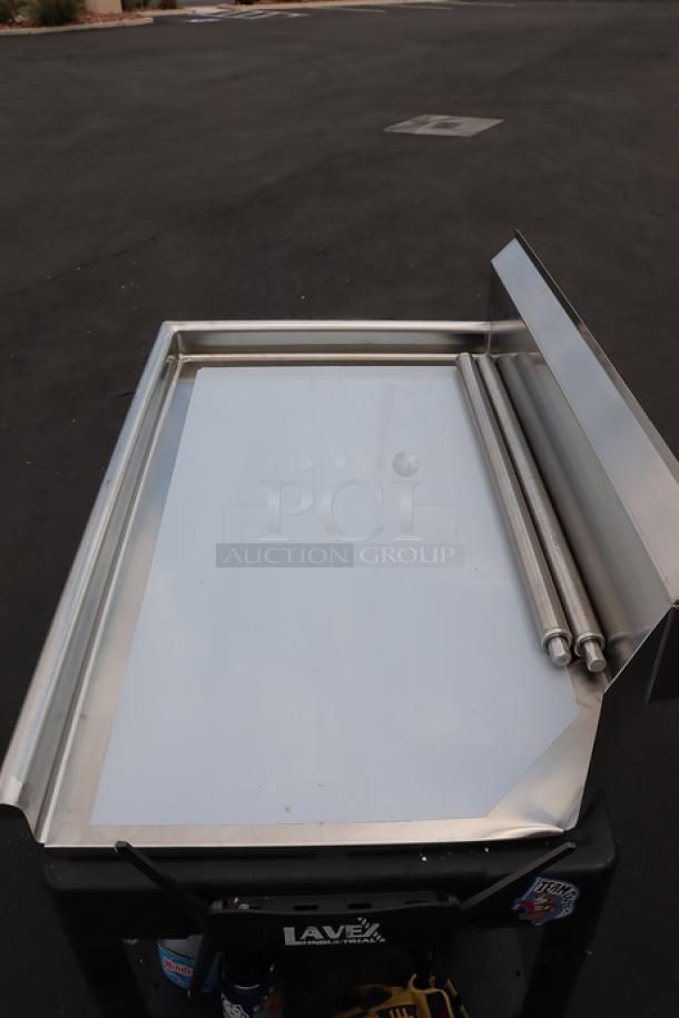 Regency 600CDT48L 4' clean dish table with left drainboard, stainless steel legs, minor dent, bent backsplash corner.