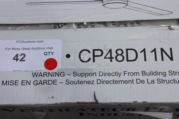 Canarm CP48D11N 48" ceiling fan box, new, white, industrial indoor model, 7370 CFM, 120V, 1 phase. Warning label visible.