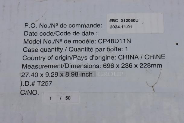 Label on Canarm CP48D11N ceiling fan box indicating model number, dimensions, and country of origin: China.