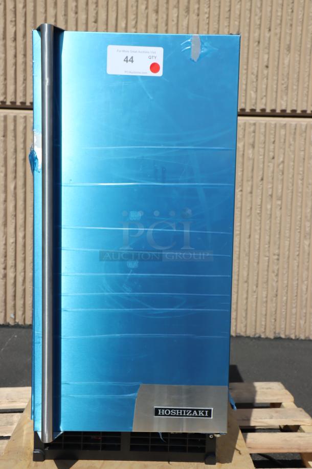 NEW Hoshizaki AM-50BAJA 51 lb. ice machine, blue protective film, model and brand label visible. Serial: P34626L.