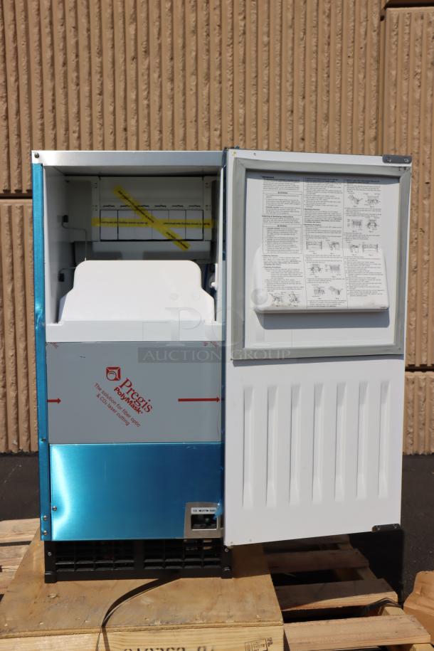 NEW! Hoshizaki AM-50BAJ 14 7/8" undercounter ice machine, 51 lb capacity, air-cooled, top hat cube, S/N: P34626L.