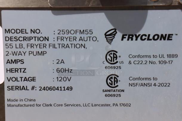 Fryclone 55 lb. Low-Profile Fryer Oil Filter, Model 259OFM55, Serial 2406041149, 120V, 2A, 60Hz, with 2-way pump.