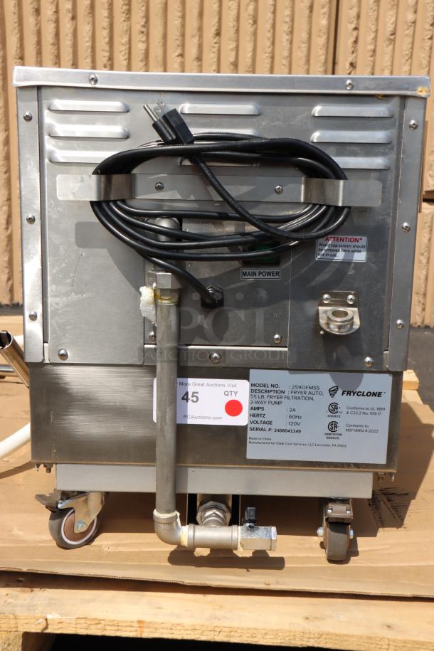 Fryclone 55 lb. portable fryer oil filter machine, model 259OFM55, with 2-way pump, 120V. Serial No. 2406041149.