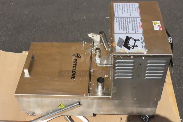 Fryclone 55 lb. low-profile fryer oil filter machine, model 259OFM55, with 2-way pump, stainless steel, used condition.