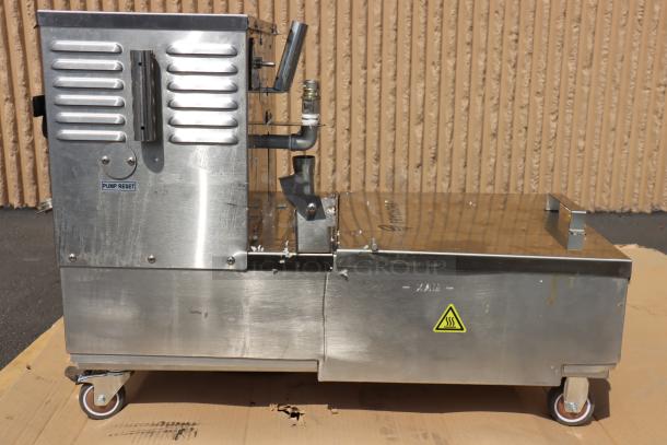 Fryclone 55 lb. portable fryer oil filter machine, model 259OFM55, features a 2-way pump and is mounted on caster wheels.