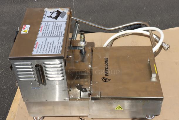 Fryclone 55 lb. low-profile portable fryer oil filter machine, model 259OFM55, with 2-way pump. Good condition, visible safety labels.