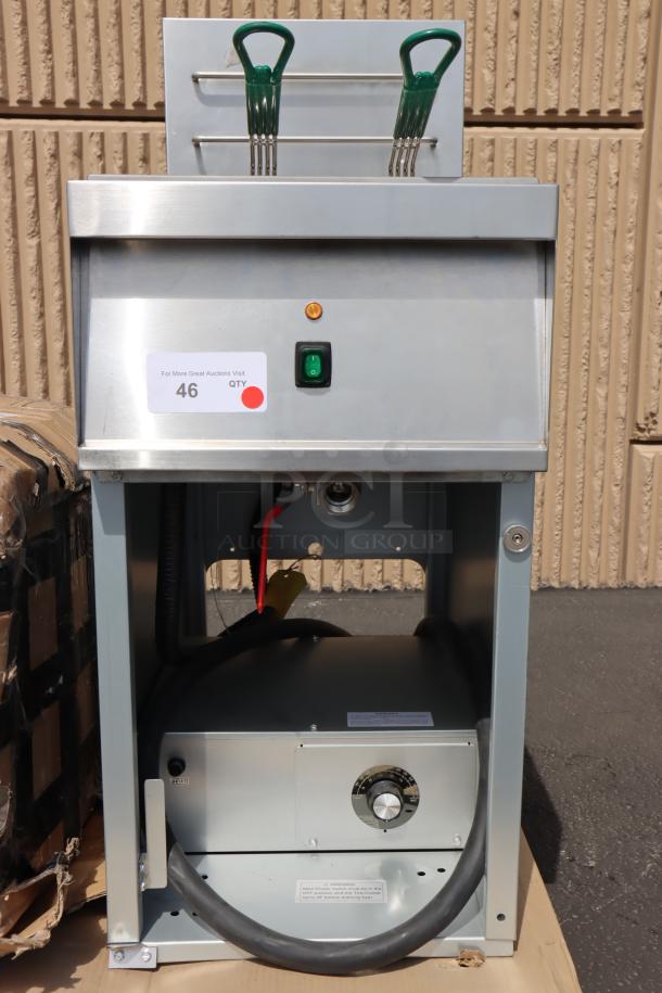 Brand new Avantco EF40-240-3 40 lb. electric floor fryer, stainless steel, 240V, 34 Amps, 3 Phase, 14kW, with visible label.
