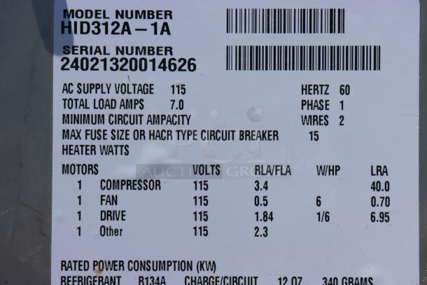 Scotsman HID312A-1 Meridian Ice Machine and Water Dispenser label; details 115V, 7A, 1-phase. S/N: 24021320014626.