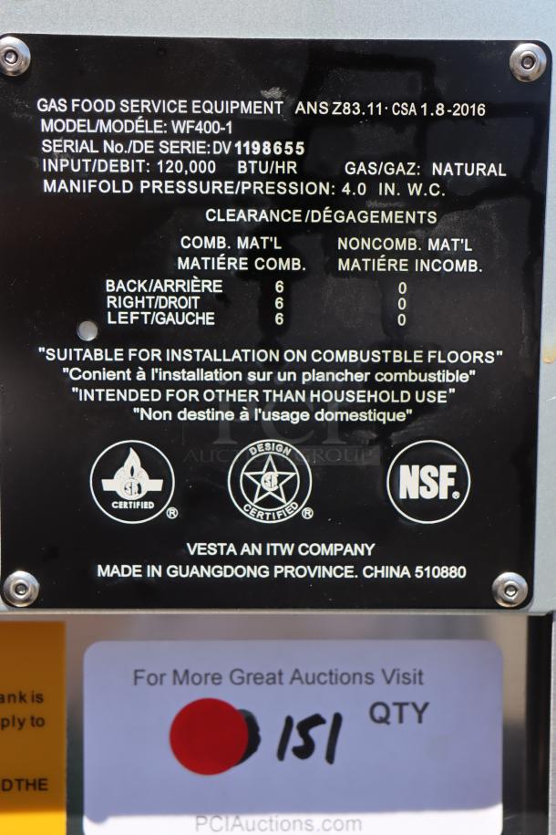 Wolf by Vulcan WF400-1 natural gas fryer label. 120,000 BTU, S/N: DV 1198655. Certified for commercial use.