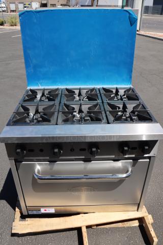 MainStreet Equipment E36-N 6-burner range, 36", 210,000 BTU, missing 2 knobs, minor dents, serial 09245174.