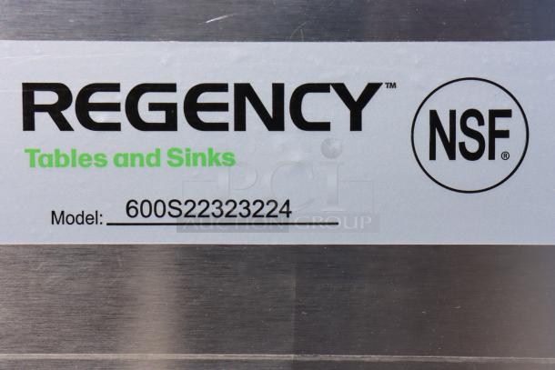 Regency 600S22323224 label, indicating a 96" stainless steel sink. NSF certified, minor dents possible. Brand new.