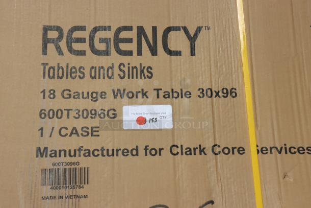 Regency 600T3096G stainless steel work table packaging. Damaged original packaging, possible missing parts. 18-gauge, 30"x96".