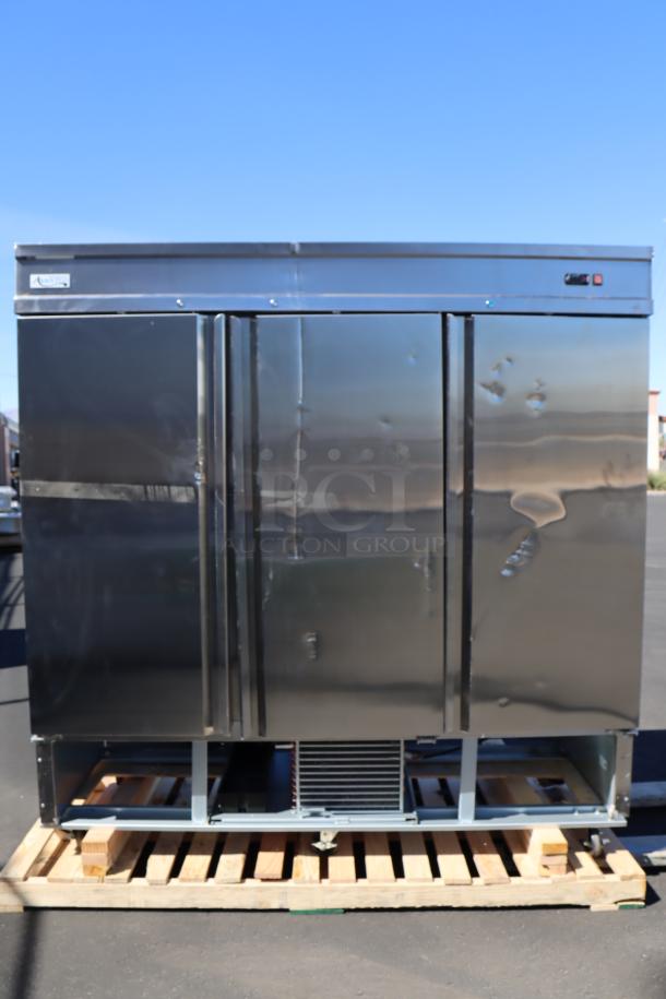 Avantco SS-3F-HC stainless steel freezer, new, with dents and scratches, missing power cord, front vent, and bent rear vent.