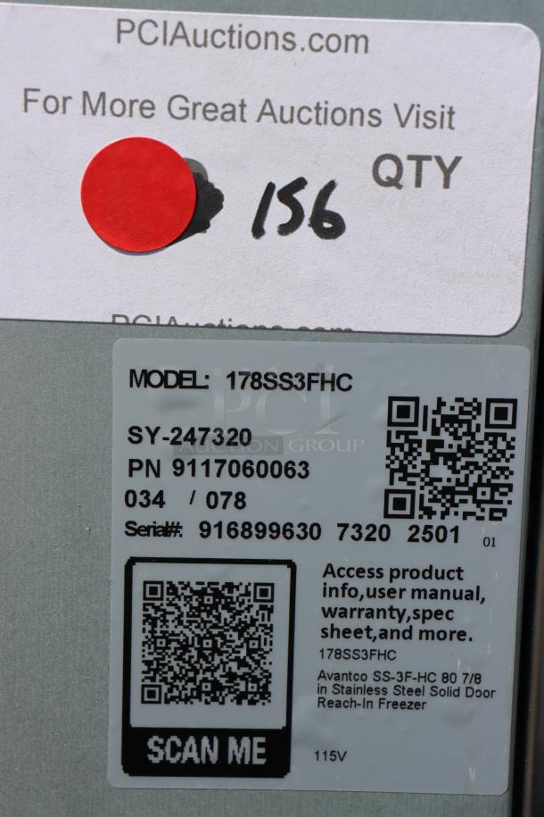 Label on Avantco SS-3F-HC freezer with QR code, model number 178SS3FHC, and serial number 916899630 7320 2501.