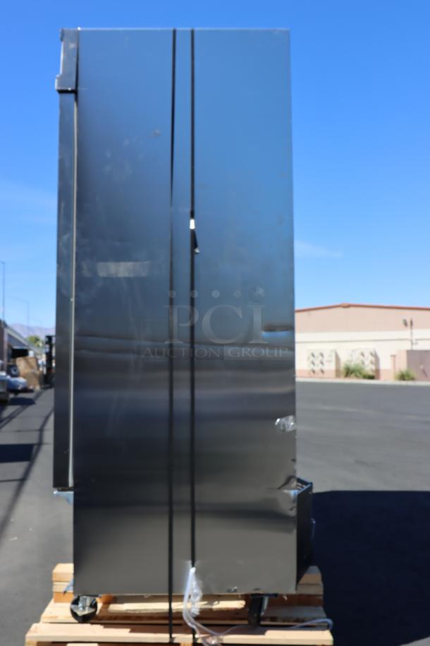 Avantco SS-3F-HC stainless steel freezer, brand new, 81 5/16", missing front vent, bent rear vent, scratches, dents.