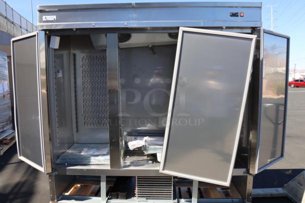 Avantco SS-3F-HC stainless steel freezer, 81", with missing front vent, bent rear vent, and no power cord. Scratching and denting visible.