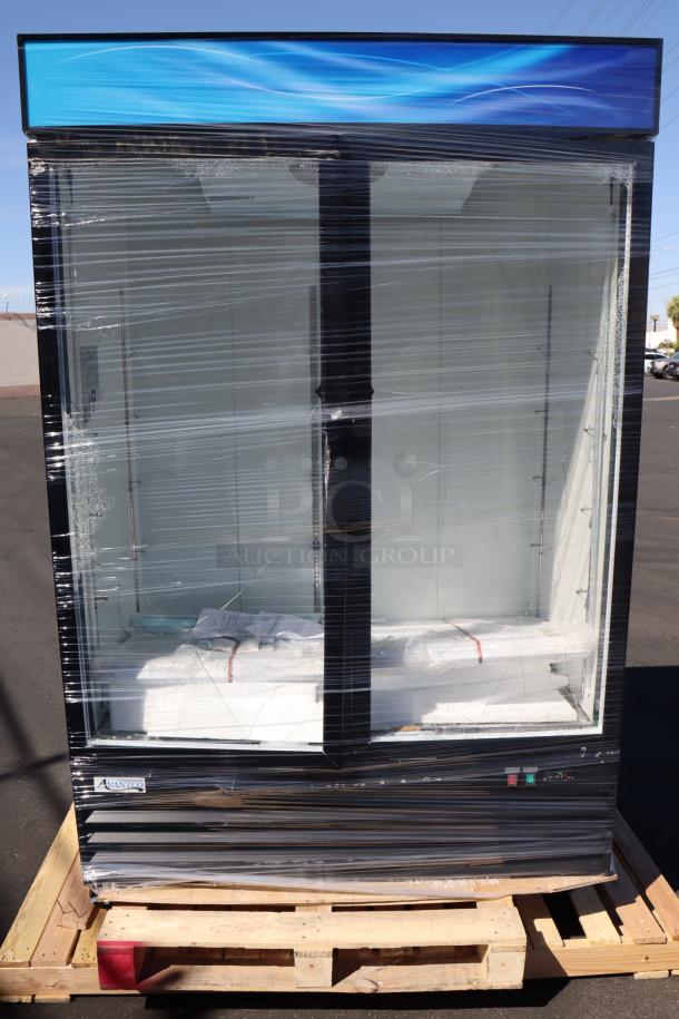 Brand new Avantco GDC49HCB 53" black swing glass door merchandiser, customizable, LED lighting, minor scratches, on pallet.