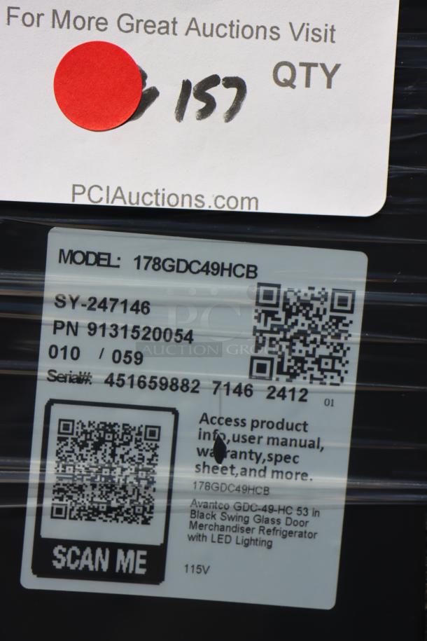 Avantco GDC49HCB 53" black glass door merchandiser refrigerator label, showing model and serial numbers. New condition.