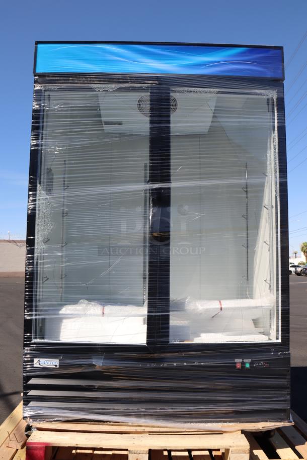 Brand new Avantco GDC-49-HC 53" black swing glass door merchandiser refrigerator. Scratch-n-dent condition. LED lighting.
