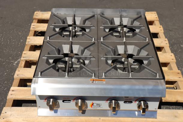 Brand new Cooking Performance Group R-CPG-24-NL 4 burner gas range, 88,000 BTU, minor dents, no packaging, S/N: 2412009352.