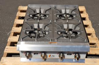 Brand new Cooking Performance Group R-CPG-24-NL 4 burner gas range, 88,000 BTU, minor dents, no packaging, S/N: 2412009352.