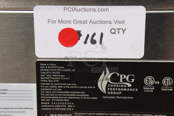 Brand New Cooking Performance Group R-CPG-24-NL 4 Burner Gas Countertop Range, 88,000 BTU, minor dents, S/N 2412009352.