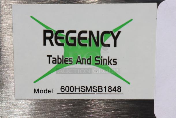Regency 600HSMSB1848 label on stainless steel. Model for wall-mounted hand sink, includes wall brackets.