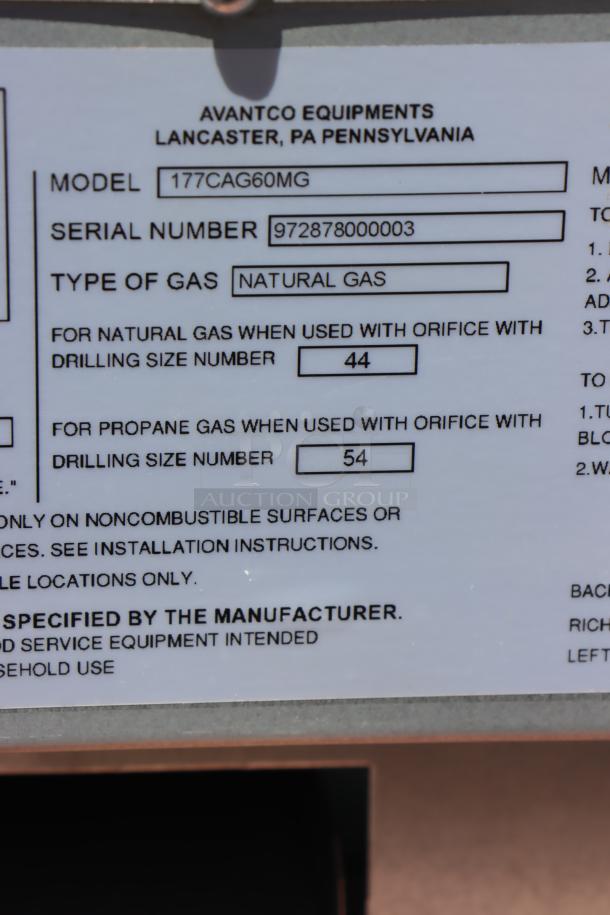 Avantco Chef Series CAG-60-MG gas griddle, 60", 150,000 BTU, scratched/dented, SN: 972878000003, natural gas, manual controls.