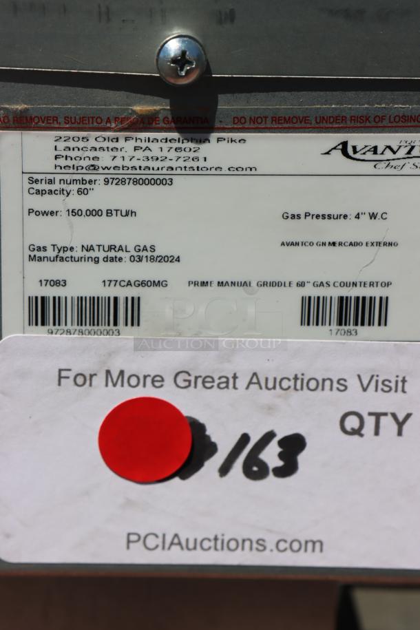Avantco Chef Series CAG-60-MG 60" gas griddle, 150,000 BTU, scratched & dented. Serial: 972878000003. Manual controls.