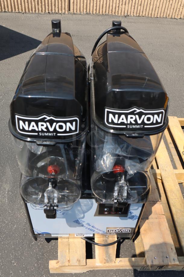 Brand new Narvon Summit NSSM2 double 3.2-gallon frozen beverage machine, minor scratches and dents, 115V, s/n: SLS1241654.