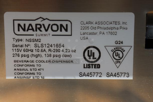 Label of Narvon Summit NSSM2 Granita Machine, serial SLS1241654, showing specs: 115V, 60Hz, 10.6A, R-290 refrigerant. Minor wear.