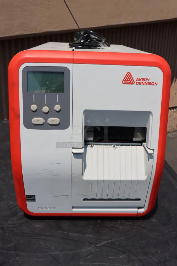 Brand new Avery-Dennison ADTP1BA01NA barcode label printer, model ADTP1, S/N: 16030959, with display and control buttons.