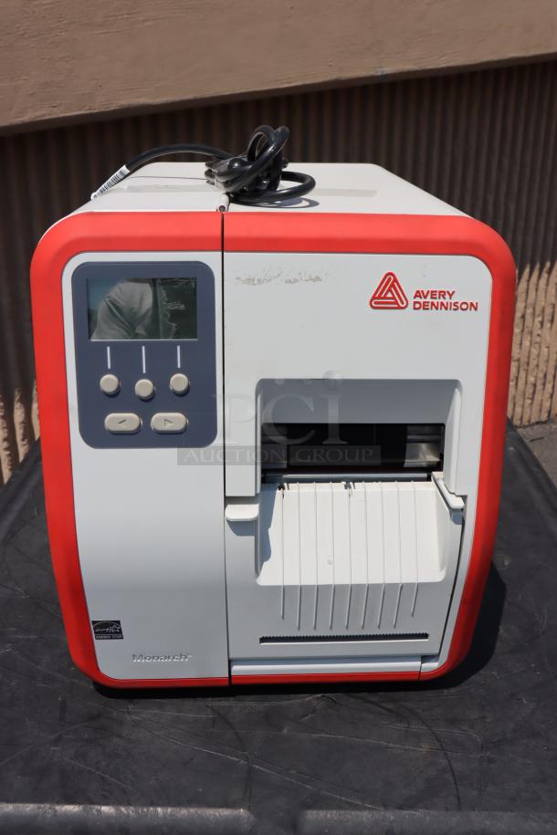 Brand new Avery-Dennison ADTP1EF01NA barcode label printer, model ADTP1, with control buttons and display.