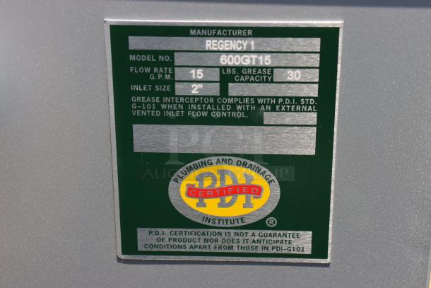 BRAND NEW Regency 600GT15 Grease Trap, 30 lb. capacity, 15 GPM, with 2" non-threaded connections. PDI certified.