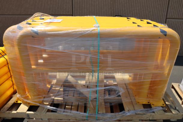 Brand new Vestil HPRO-60-42-4 steel machinery guard, 60"x42"x4". Scuff marks, dents, and chipped paint visible. Packaged on pallet.