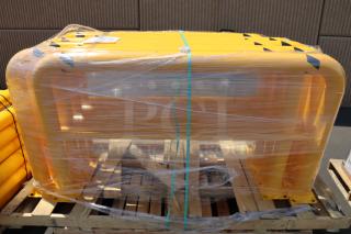 Brand new Vestil HPRO-60-42-4 steel machinery guard, 60"x42"x4". Scuff marks, dents, and chipped paint visible. Packaged on pallet.