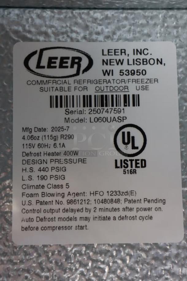 Label of Leer 60AS-R290 Ice Merchandiser, Model L060UASP. UL listed, 115V, 15A. Serial: 250747591. Outdoor use.
