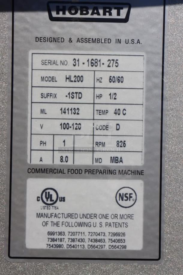 Hobart Legacy+ HL200 label showing model, serial numbers, power specs, and certification marks.